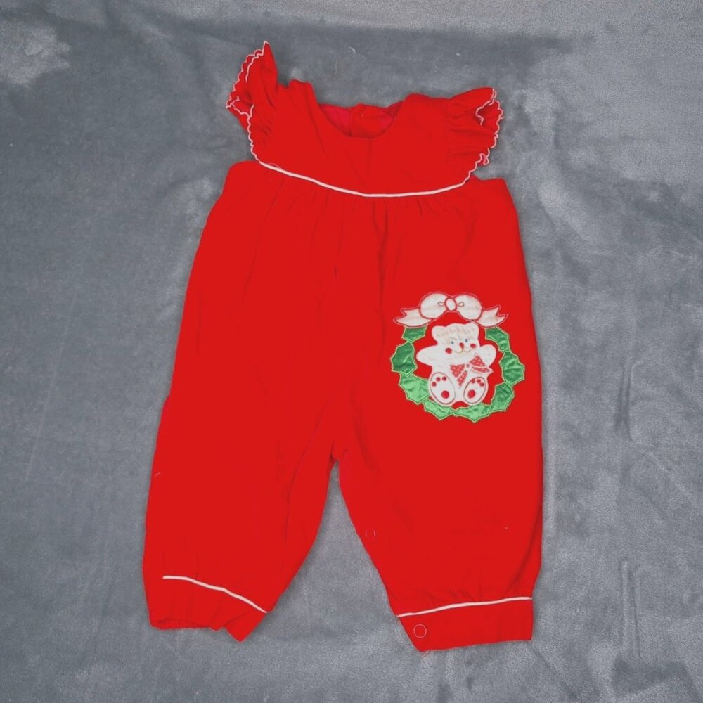 Vintage Christmas Baby Romper 3-6 Months Velvet Ruffled Sleeves Button Back